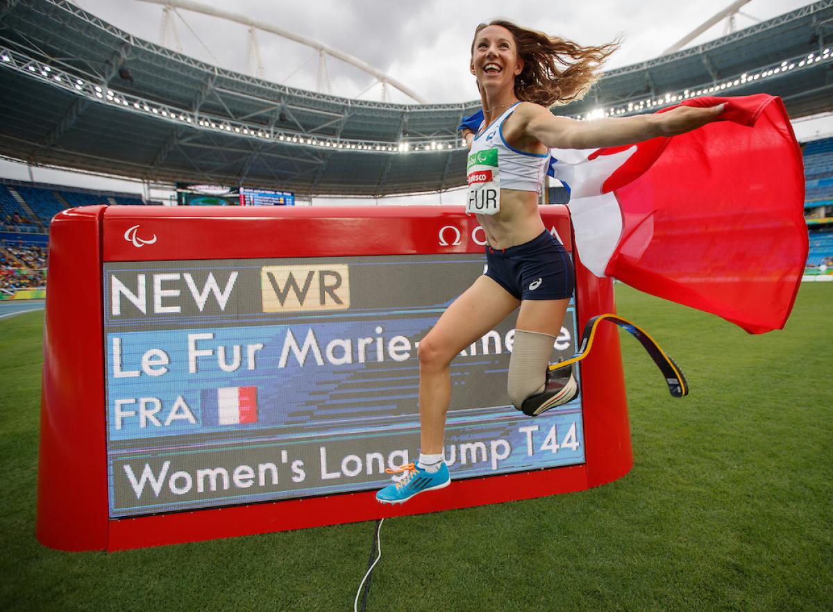 Marie-Amelie le Fur FRA sets a new world record to become the Gold Medal winner in the Women's Long Jump