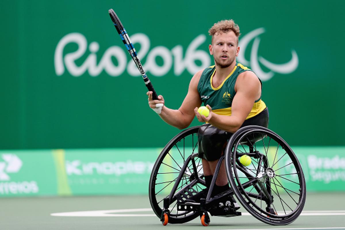 Dylan Alcott of Australia plays Andy Lapthorne in men's quad singles at the Rio 2016 Paralympic Games