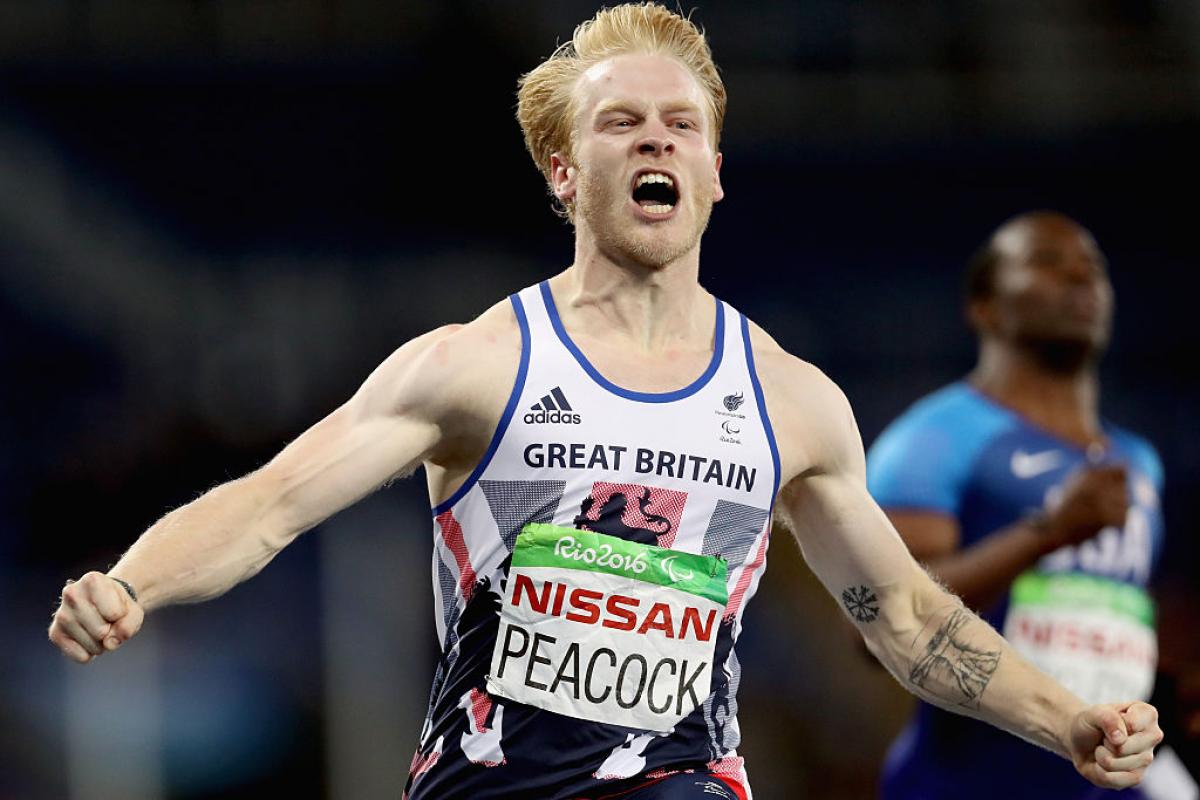 Jonnie Peacock of Great Britain celebrates after winning the men's 100 meter T44