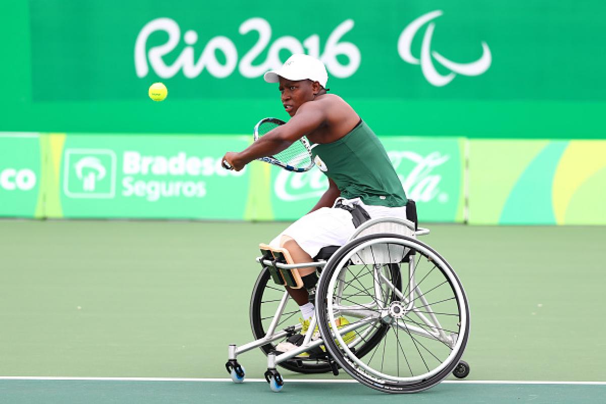 Kgothatso Montjane of South Africa competes in the wheelchair tennis.