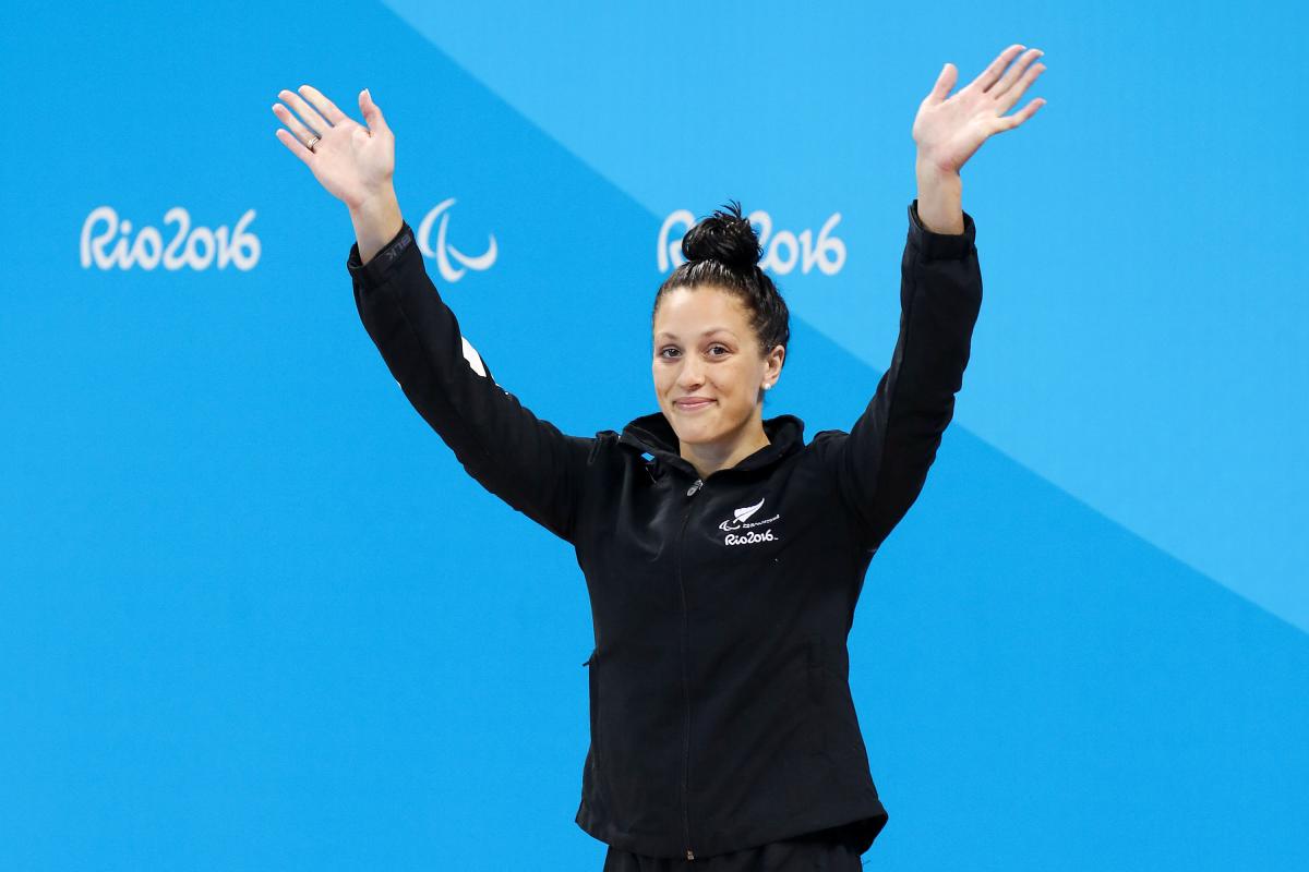 Sophie Pascoe of New Zealand stands on the podium after winning a gold medal in the women's 100m Backstroke S10 final at the Rio 2016 Paralympic Games.
