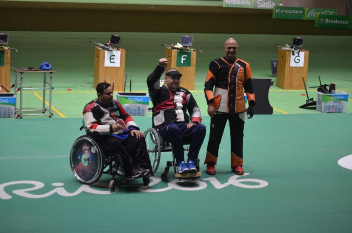 Serbia’s Laslo Suranji (centre) with fellow medallists Abdulla Sultan Alaryani and Doron Shaziri.