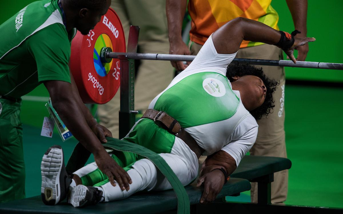 Gold Medallist Bose Omolayo NGR competes in the Women's -79 kg Powerlifting contest at the Riocentro - Pavilion 2