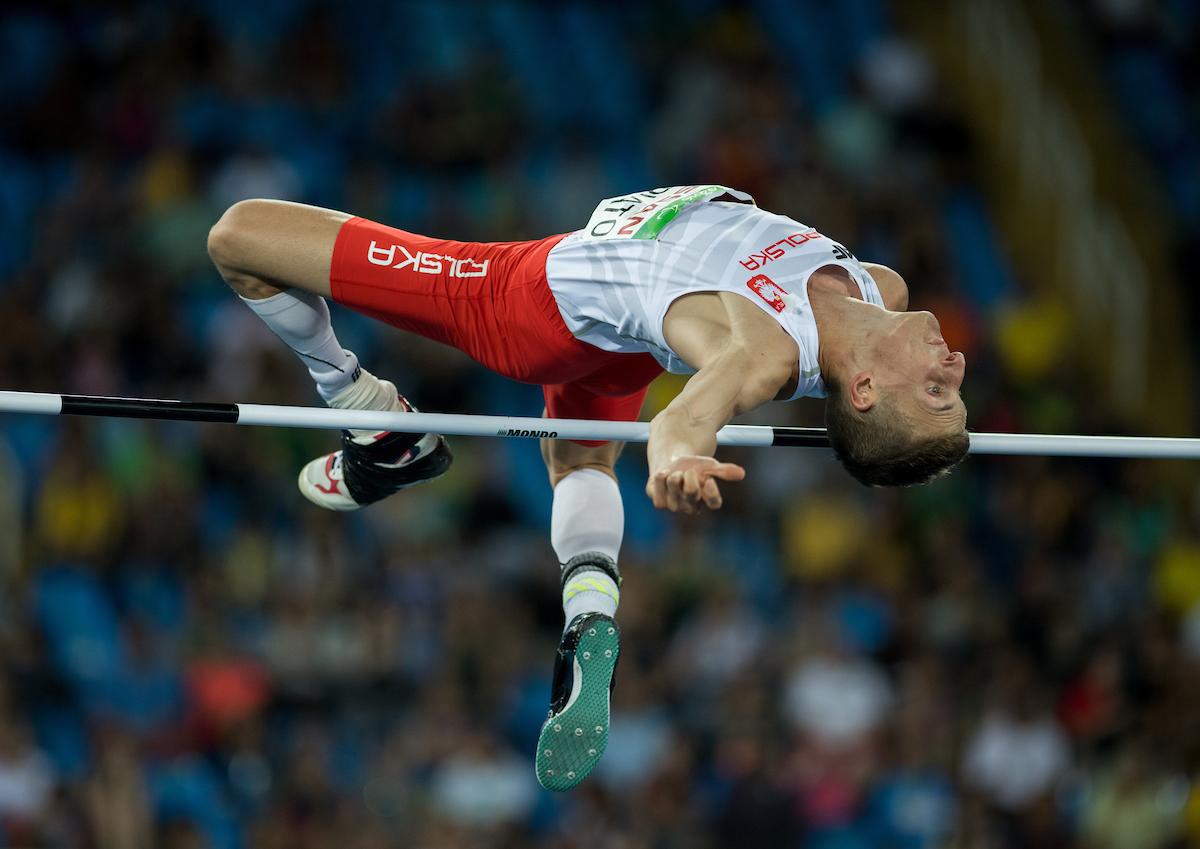 Gold Medallist Maciej Lepiato POL competes in the Men's High Jump - T44 Final