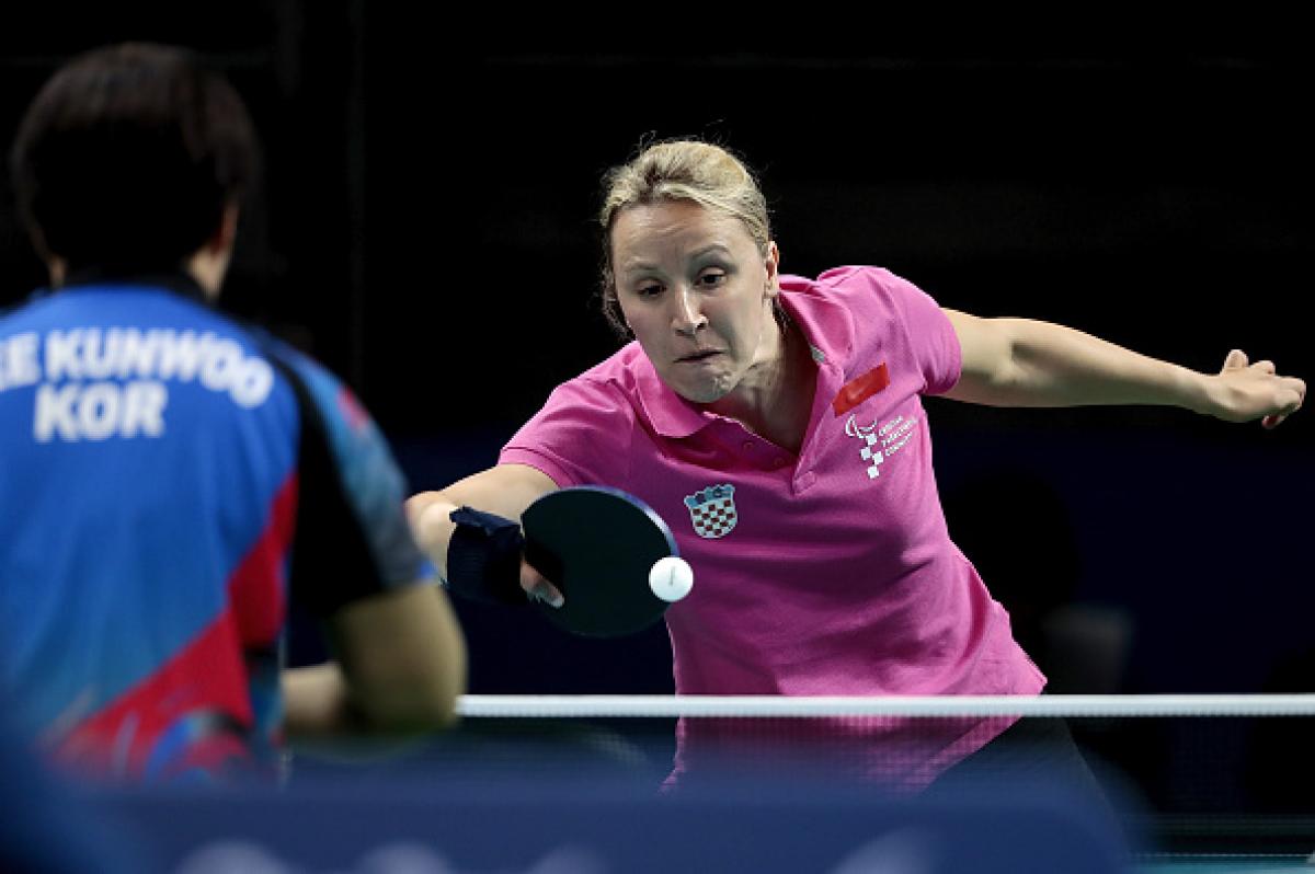 Sandra Paovic of Croatia - Rio 2016 Sandra Paovic of Croatia in action against Kunwoo Lee during the prelimimary round of the Women's's Table Tennis at the Rio 2016 Paralympic Games.