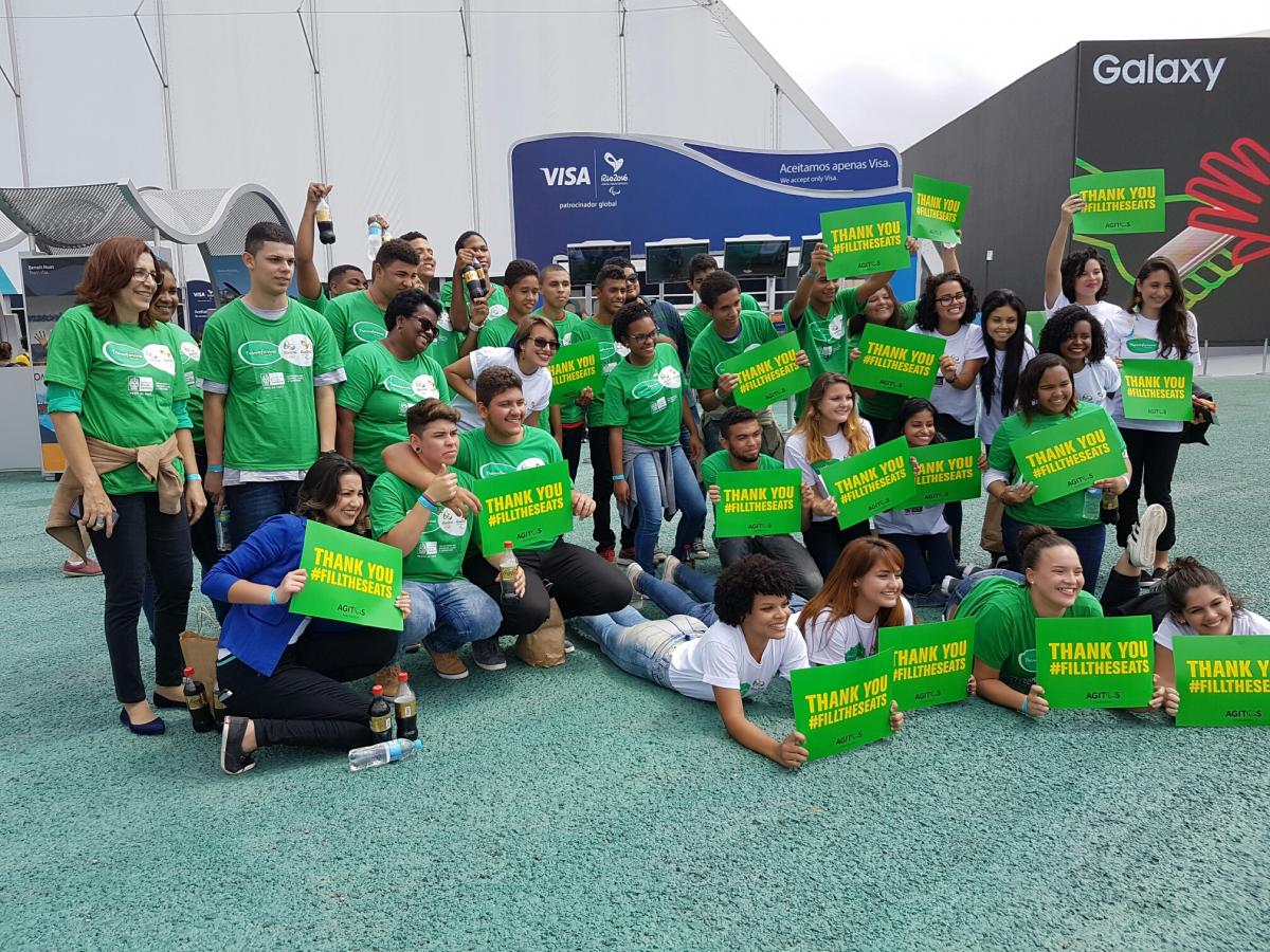 Children in the Rio 2016 Olympic Park enjoying the Paralympics as part of the #FilltheSeats campaign.