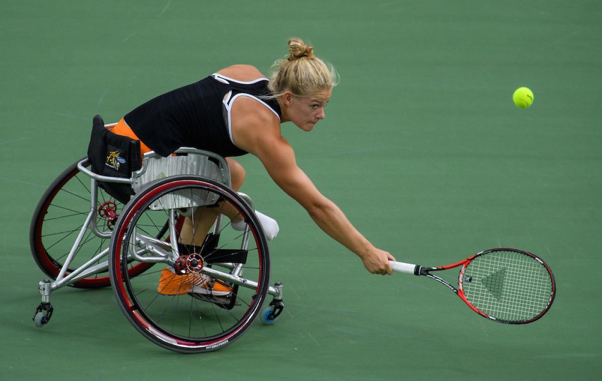 Diede De Groot of the Netherlands playing against Yui Kamiji JPN in the Women's Singles Bronze Medal Match. Wheelchair Tennis at the Rio 2016 Paralympic Games.