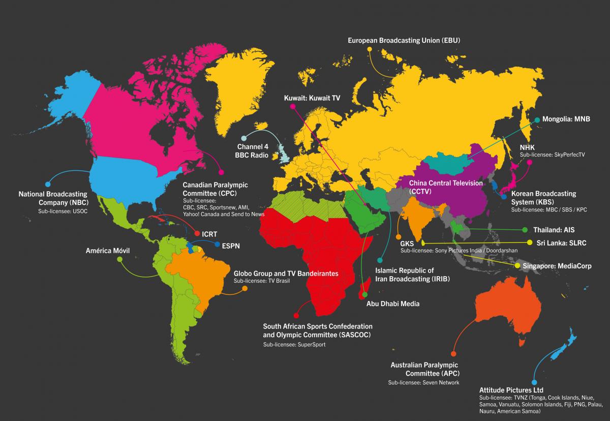 World map showing platforms where you can watch Paralympics Rio 2016