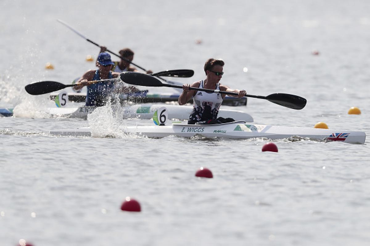 Emma Wiggis of Great Britain in action during the Canoe Sprint - Women's KL2 200m heat 1 at Lagoa Stadium at the Rio 2016 Paralympic Games.