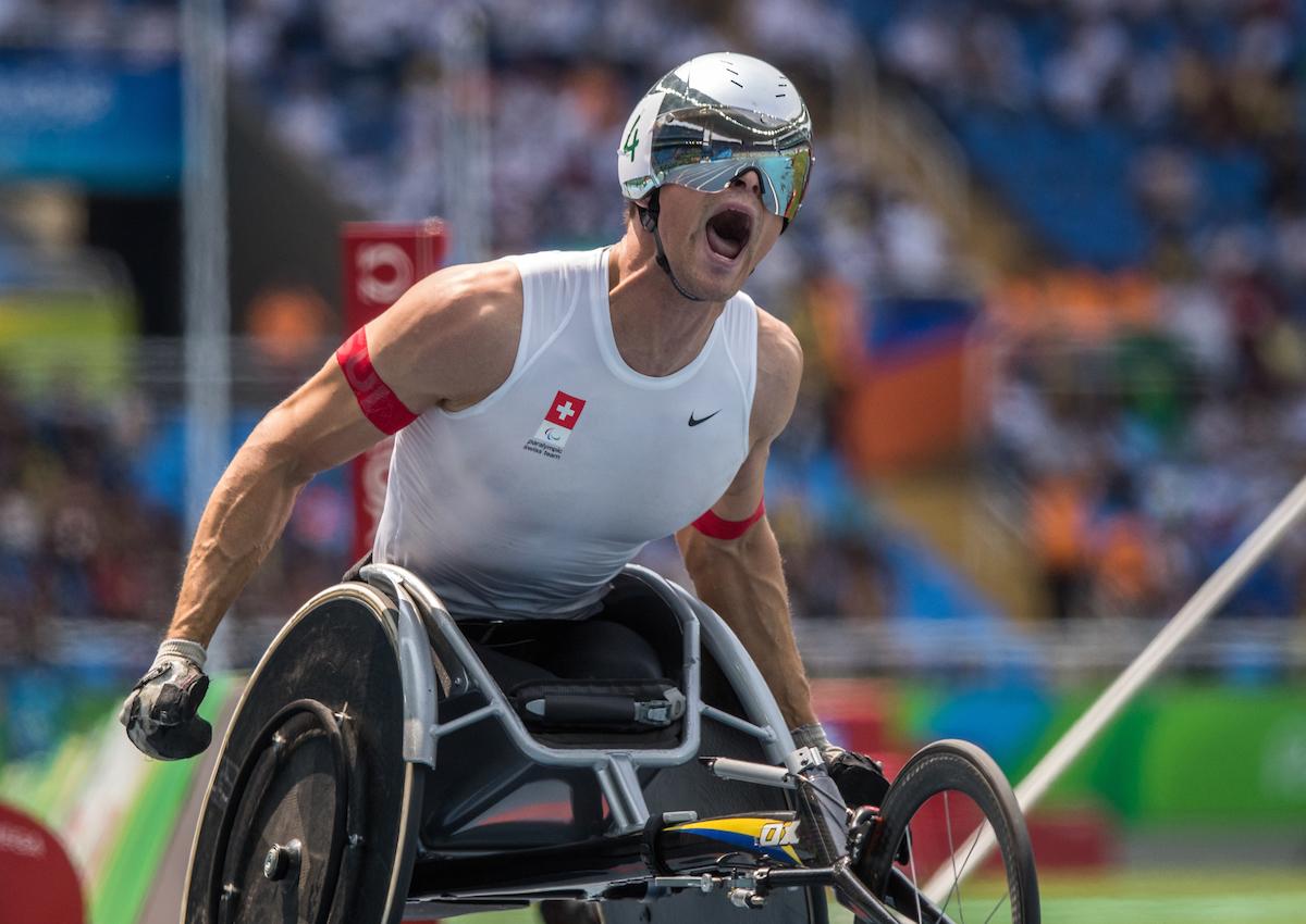 Marcel Hug Rio 2016 A wheelchair racer celebrates winning gold
