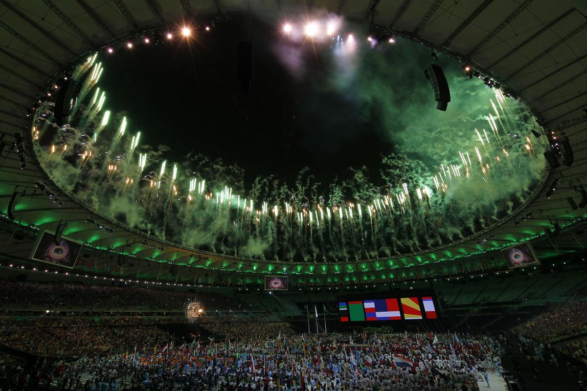 View on a stadium by night with fireworks