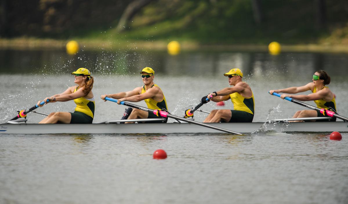 The Australian team Kathleen Murdoch AUS, Brock Ingram AUS, Jeremy McGrath AUS, Davinia Lefroy AUS and Josephine Burnard AUS (not shown) winning the LTA Mixed Coxed Four - LTAMix4+ Final B at the Lagoa Stadium