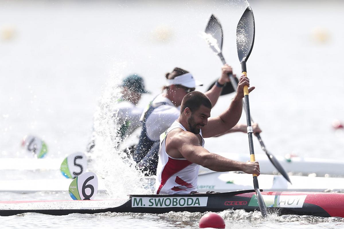 Markus Swoboda of Austria in action during the Canoe Sprint - Men's KL2 200m heat 2 at the Rio 2016 Paralympic Games.