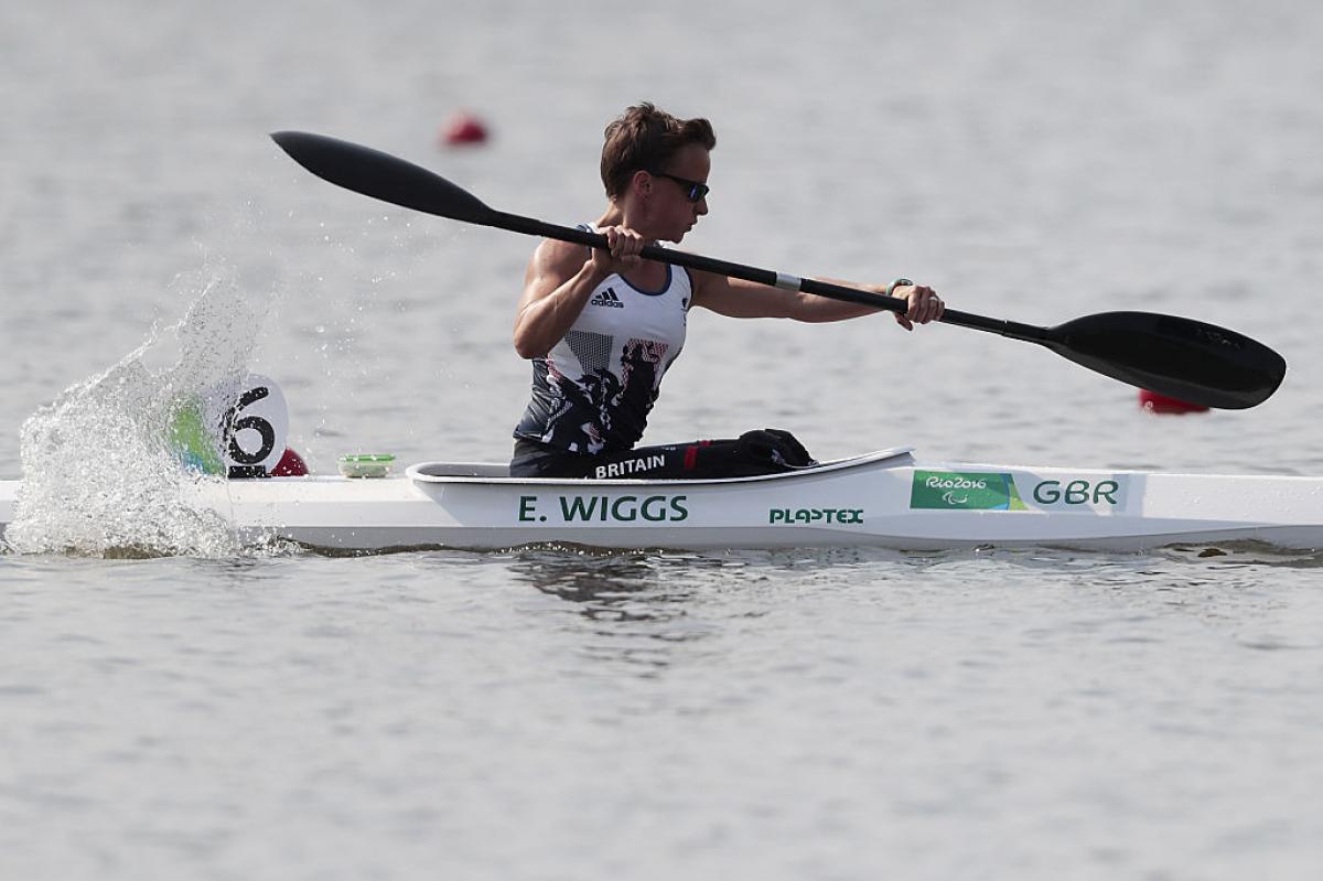 Emma Wiggis of Great Britain in action during the Canoe Sprint - Women's KL2 200m heat 1 at the Rio 2016 Paralympic Games.