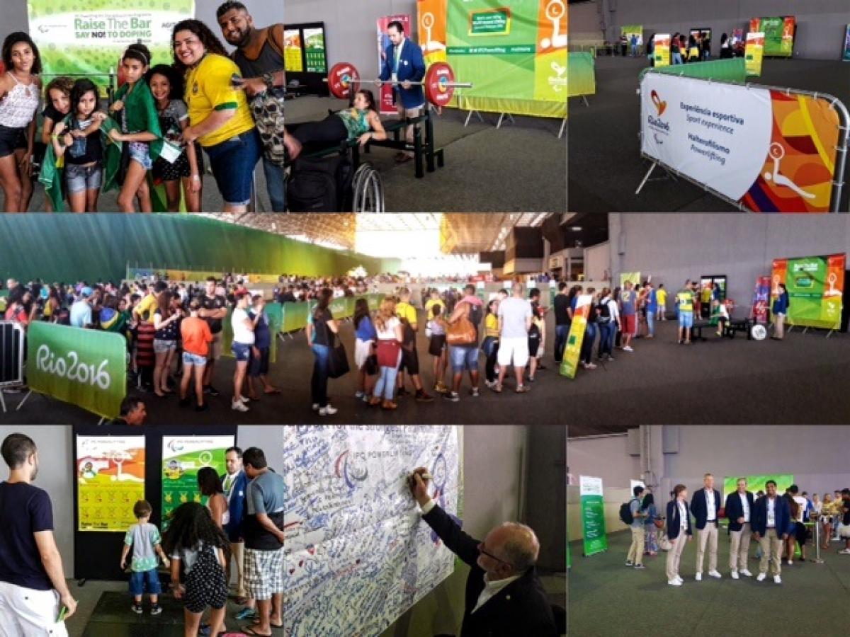 Spectator area - Rio 2016 powerlifting venue collage of photos of spectators trying out powerlifting and playing