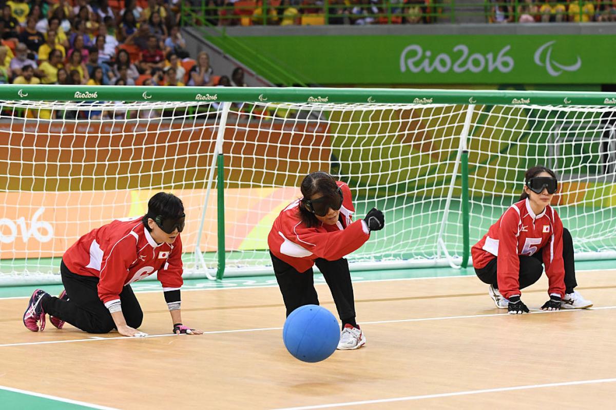 Akiko Adachi of Japan throws the ball in the women's Goalball at the Rio 2016 Paralympic Games.