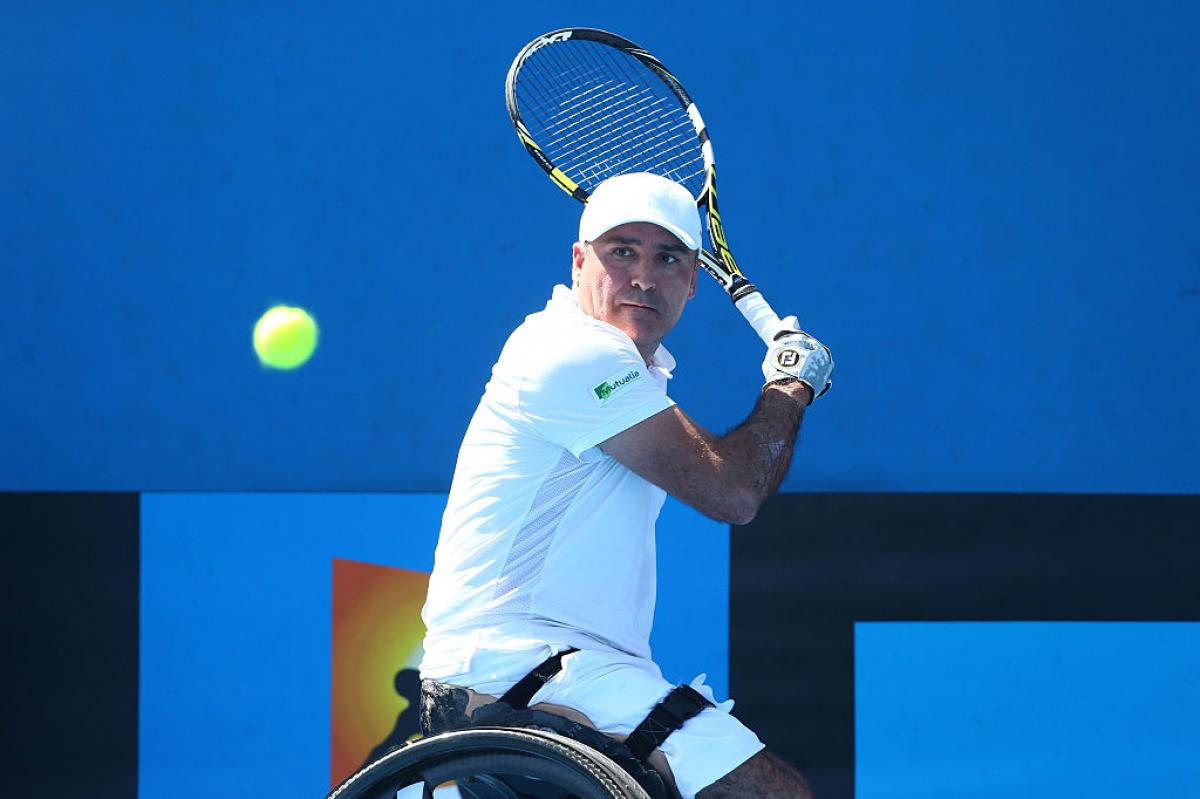 Stephane Houdet of France in action in his Men's Wheelchair Singles Final against Shingo Kunieda of Japan during the Australian Open 2015 Wheelchair Championships 