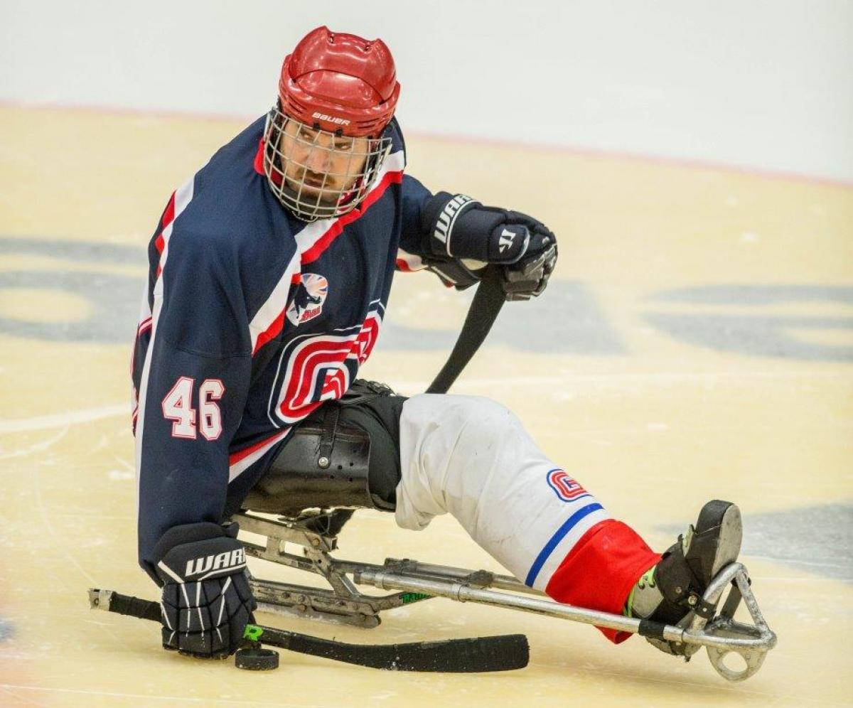 Darren Brown of Great Britain competes at the Ostersund 2015 IPC Ice Sledge Hockey World Championships B-Pool