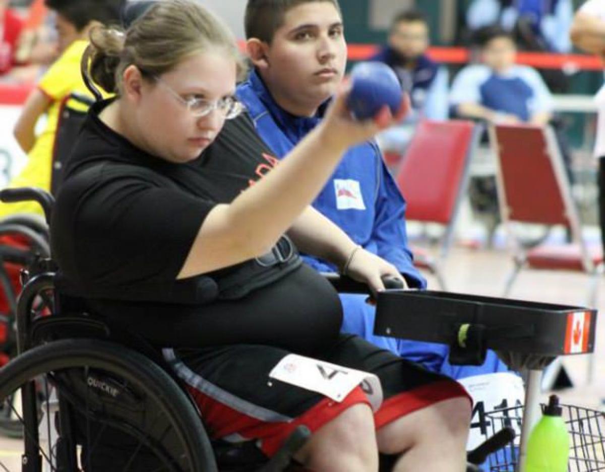 Canadian boccia player Alison Levine focused whilst training.