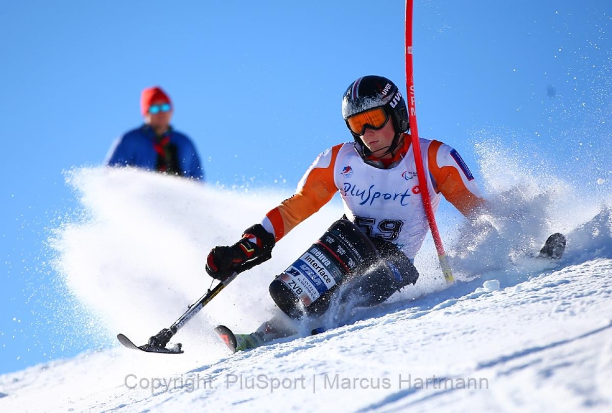 Male alpine sit skier races down a mountain