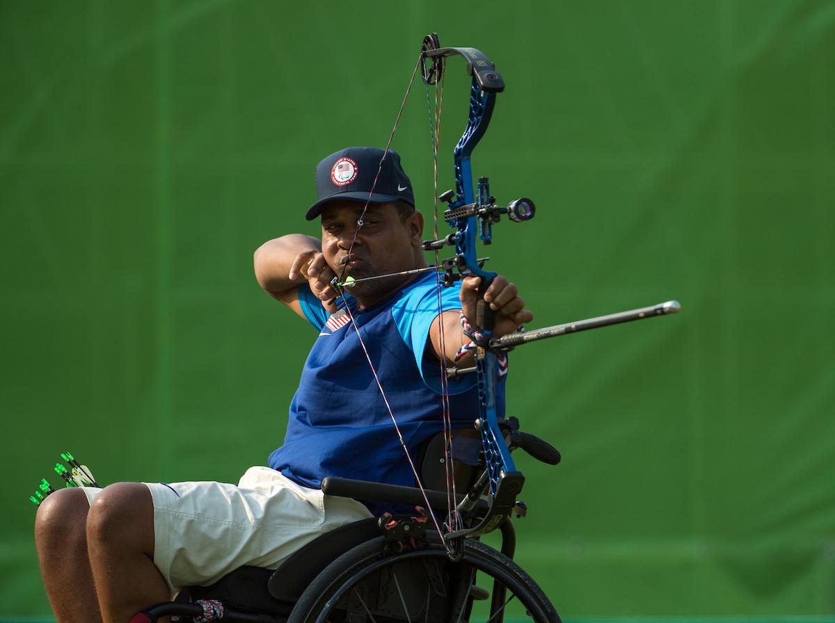 Andre Shelby USA competes in the Men's Archery Individual Compound Open 1/8 Elimination Round against Nathan MacQueen GBR at Sambodromo