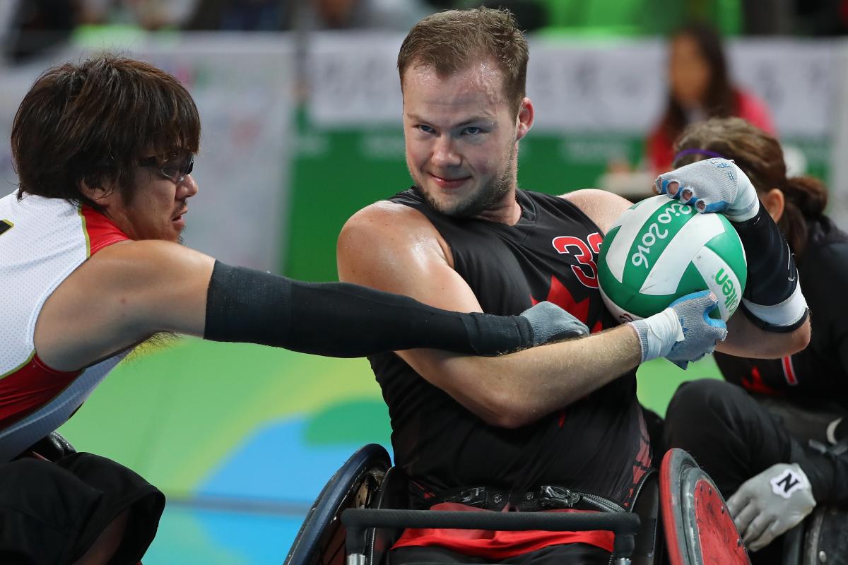 Zak Madell of Canada in action during the Men's Wheelchair Rugby Bronze Medal match against Japan