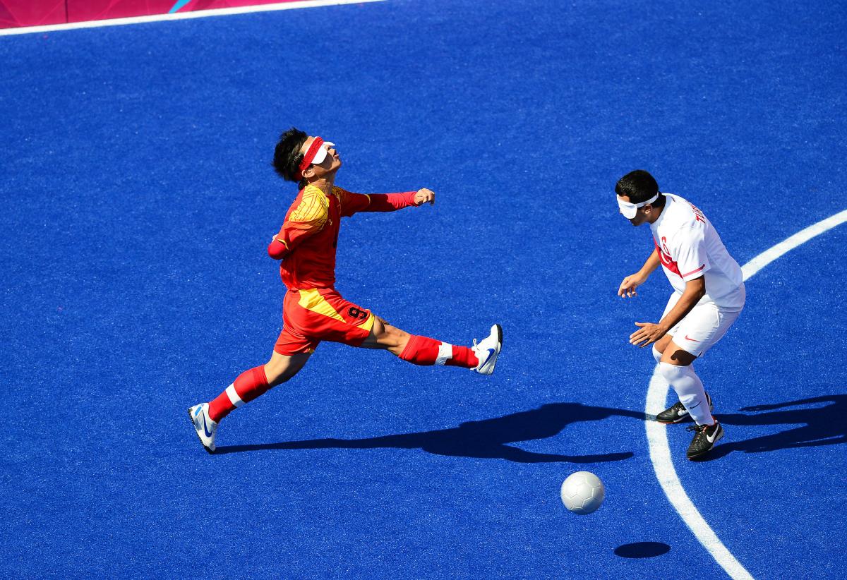 Wang Zhoubin - Rio 2016 A Chinese blind football player kicks the ball.