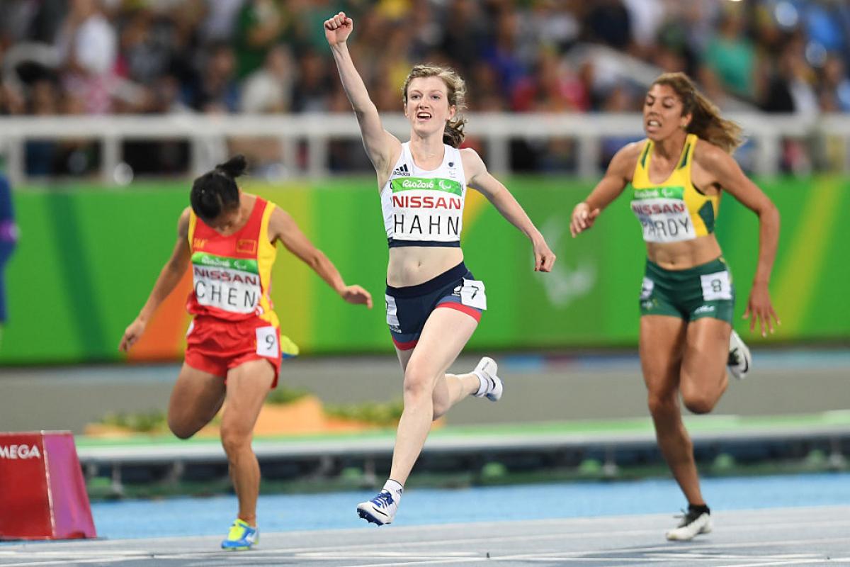 Sophie Hahn of Great Britain celebrates after winning the women's 100 meter T38 on day 2 of the Rio 2016 Paralympic Games