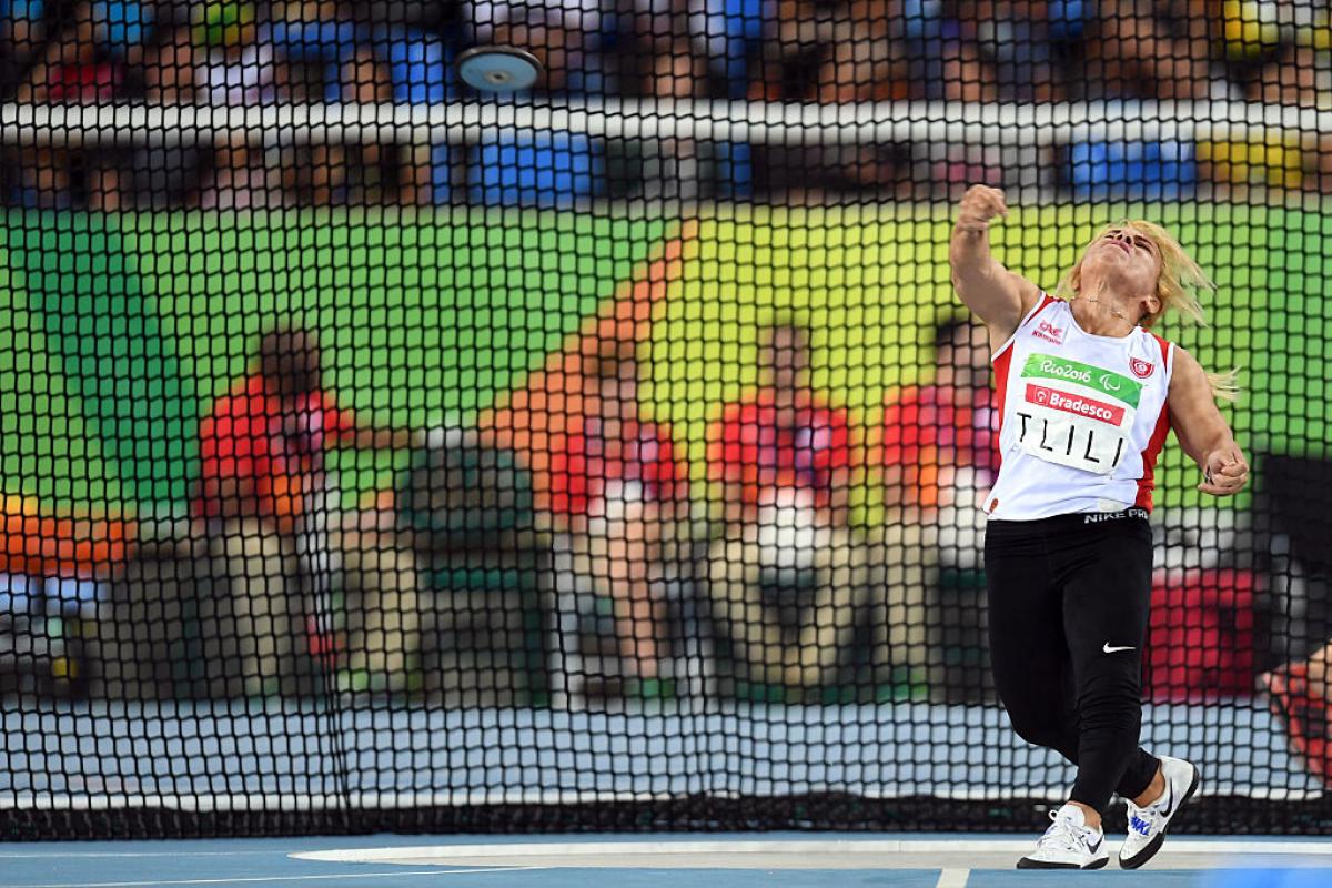 Raoua Tlili of Tunisia competes in the women's discus throw - F41 final during the day 8 of the Rio 2016 Paralympic Games