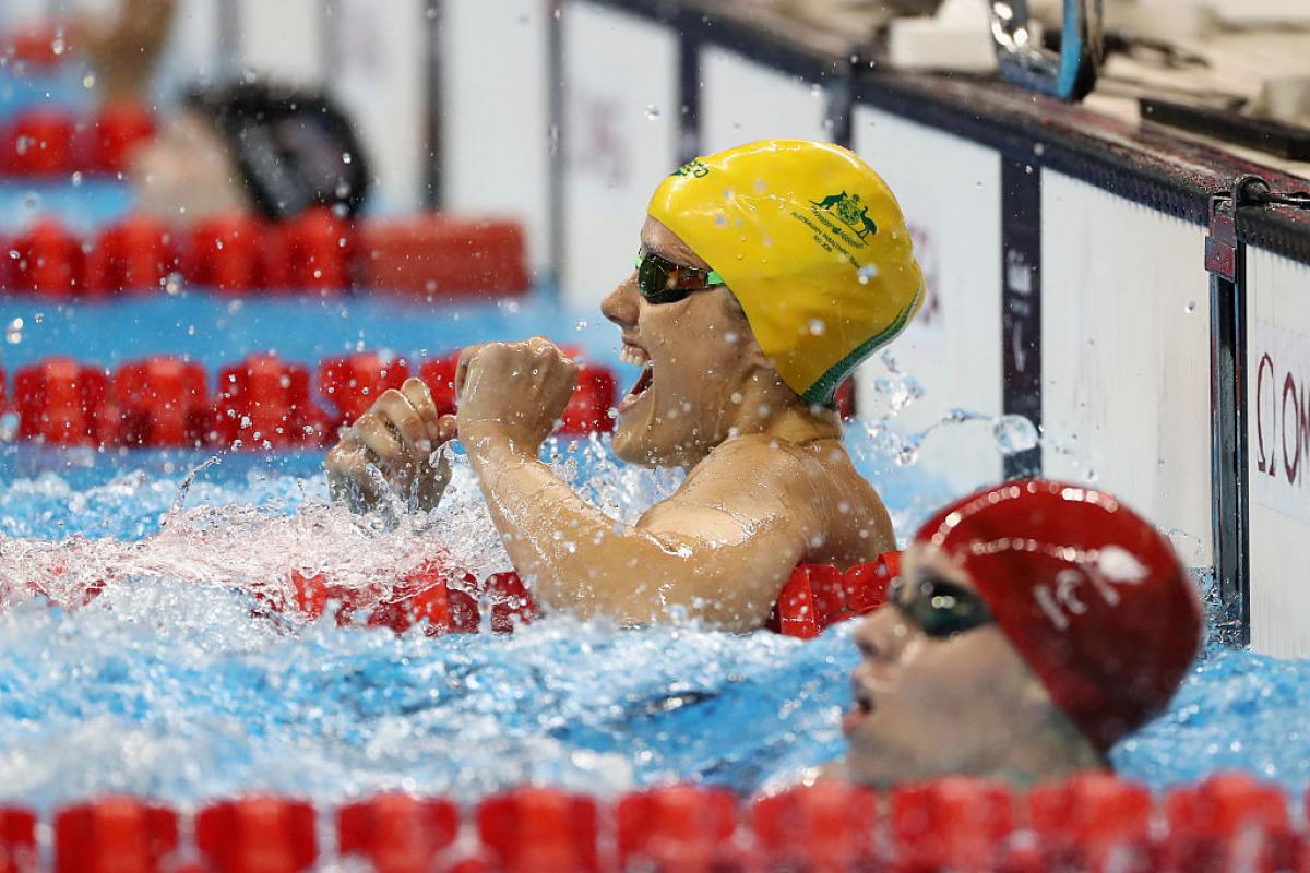 Ellie Cole - Rio 2016 Ellie Cole of Australia celebrates winning the gold medal in the Women's 100m Backstroke - S9 Final on day 9 of the Rio 2016 Paralympic Games