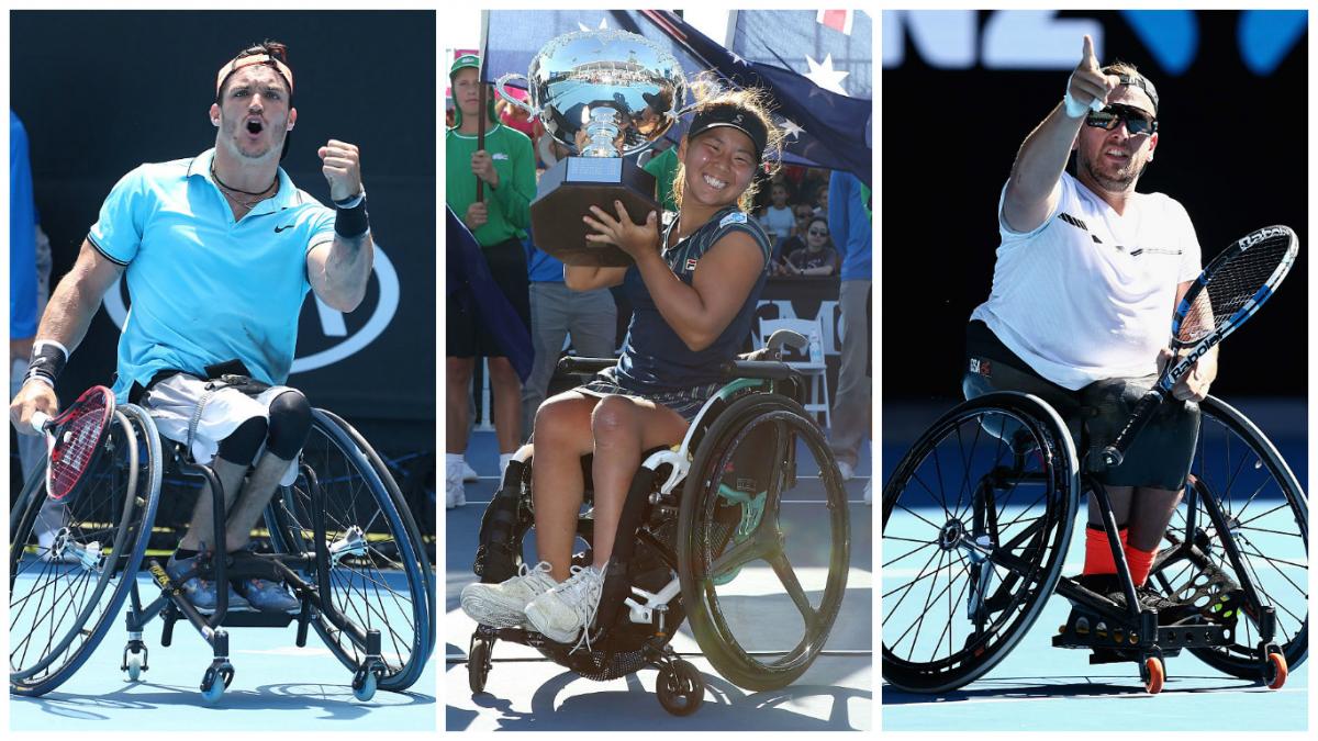 Gustavo Fernandez, Yui Kamiji and Dylan Alcott at the Australian Open 2017 Wheelchair Championships in Melbourne, Australia.