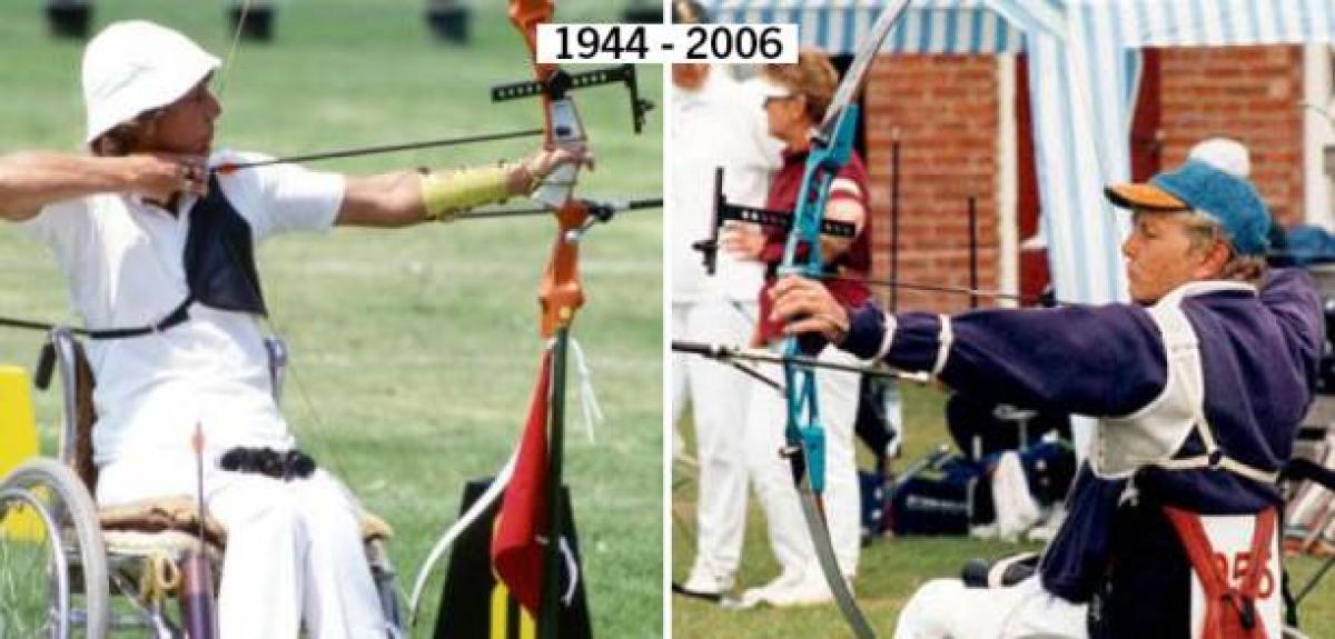 Two photos of an archer shooting a bow are shown. The image on the right is from 1944, and the image on the left is from 2006.