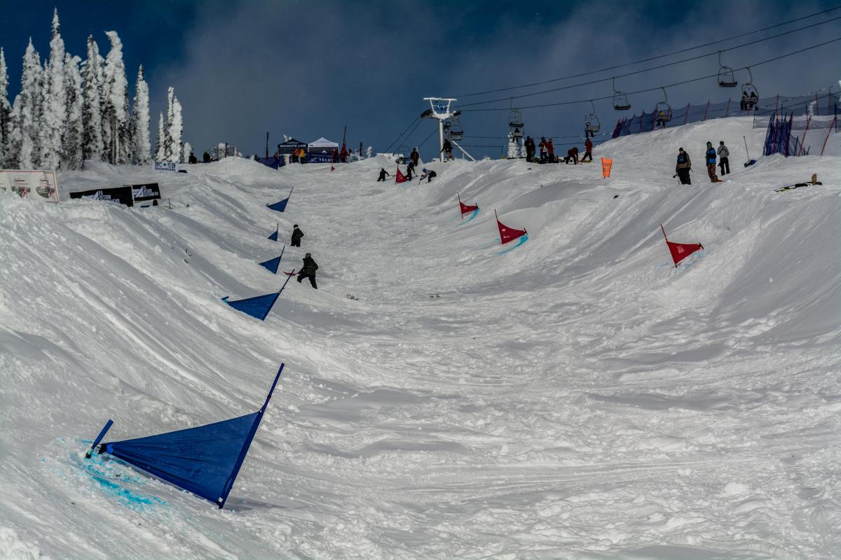 The banked slalom field of play at the Big White 2017 World Para Snowboard Championships