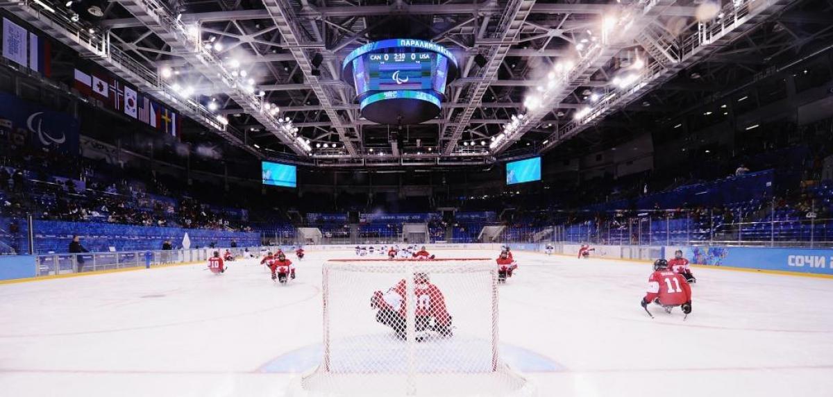 Canadian players at the Sochi 2014 Canadian players warm up prior to the Ice Sledge Hockey Play-off semi final between Canada and the United States of America at the Sochi 2014 Winter Paralympic Games.