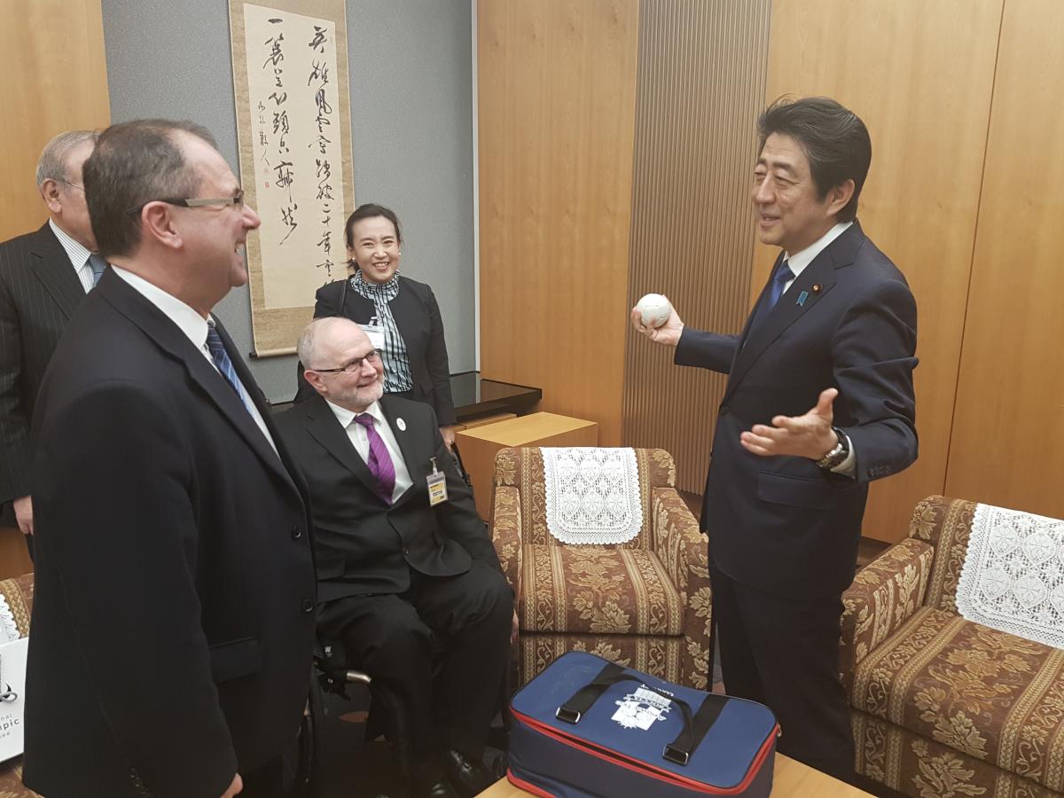 Prime Minister Abe with IPC President Sir Philip Craven Japan's Prime Minister Abe chats with IPC President Sir Philip Craven and IPC CEO Xavier Gonzalez during a meeting in February 2017.