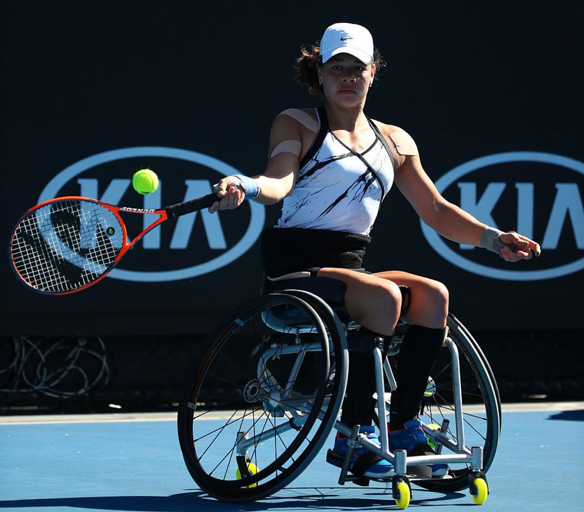Marjolein Buis of the Netherlands competes against Lucy Shuker of Great Britain in their Quarterfinal match during the Australian Open 2017 Wheelchair Championships.