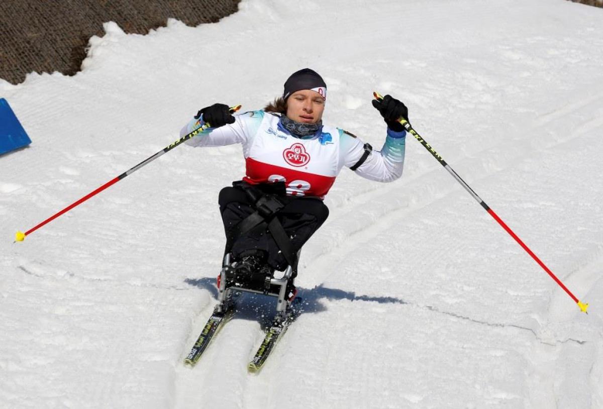 Anja Wicker competes at the Para Nordic skiing World Cup in PyeongChang, South Korea.