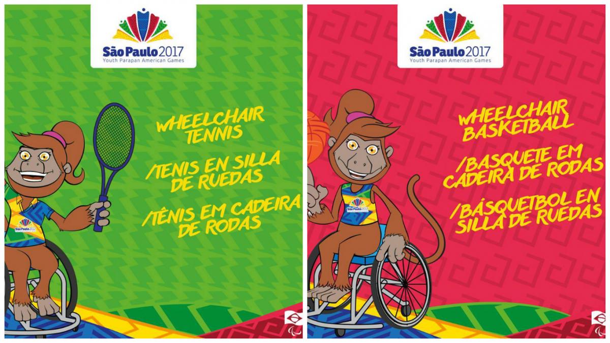 Two cartoons with a monkey mascot showcasing wheelchair tennis and wheelchair basketball