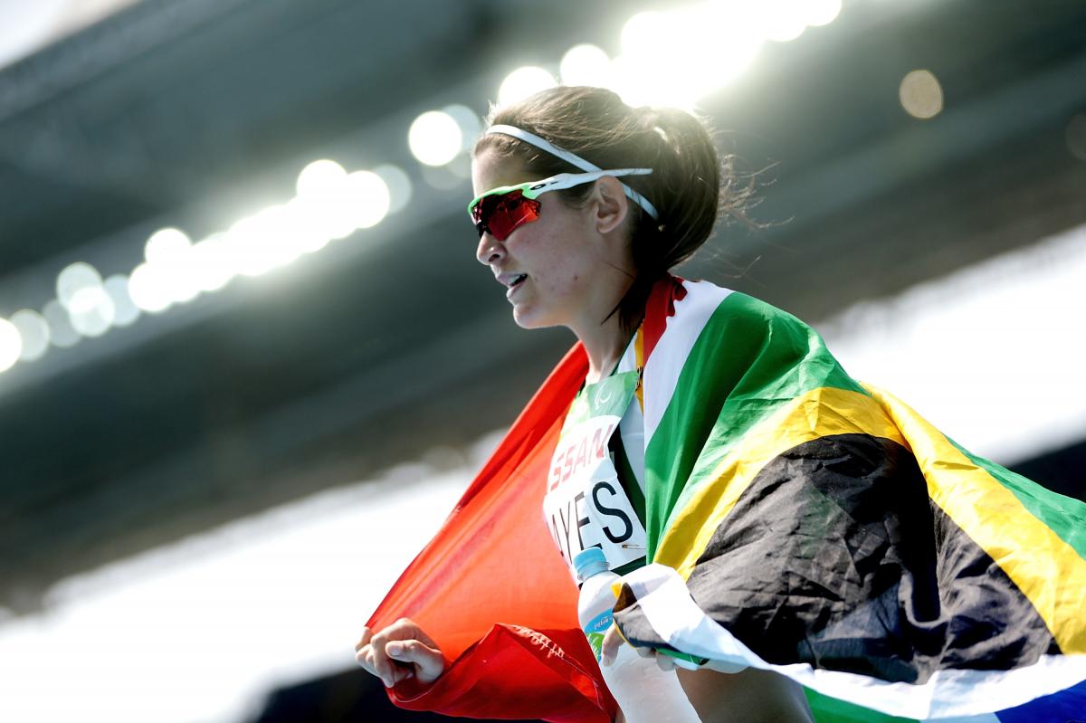 South Africa's Ilse Hayes celebrates wining silver in the 400m T13 final at Rio 2016.