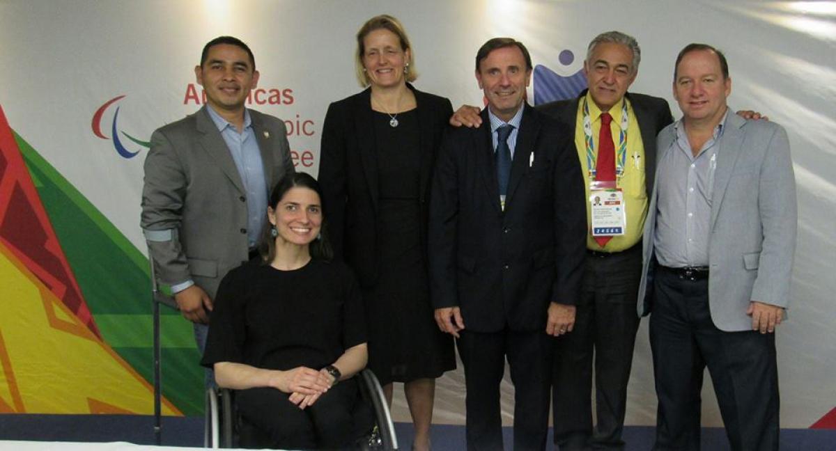 The Americas Paralympic Committee Executive Commitee elected in Sao Paulo in March 2017. From left to right: Bayron Lopez, Ileana Rodriguez, Julie O'Neill, Jose Luis Campo, Eduardo Montenegro and Pedro Mejia.