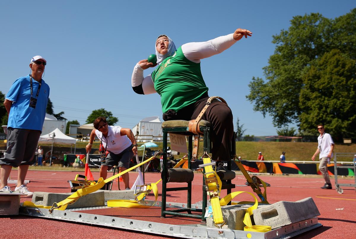 Algeria's Nadia Medjmedj throws in the women's shot put F55/56/57 at the 2013 IPC Athletics World Championships in Lyon, France.