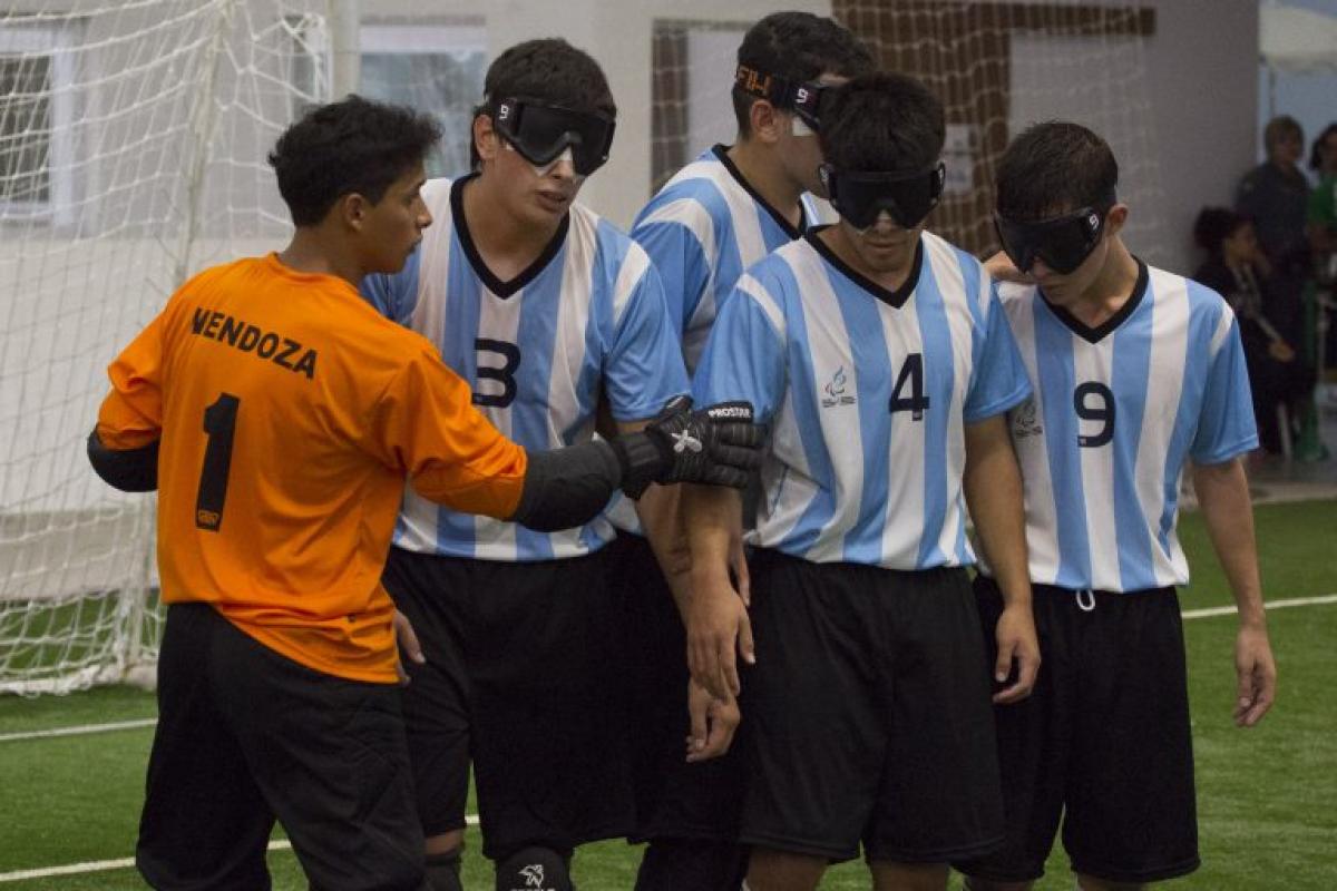 Argentina football-5 - Sao Paulo 2017 A blind football team organise themselves on the pitch