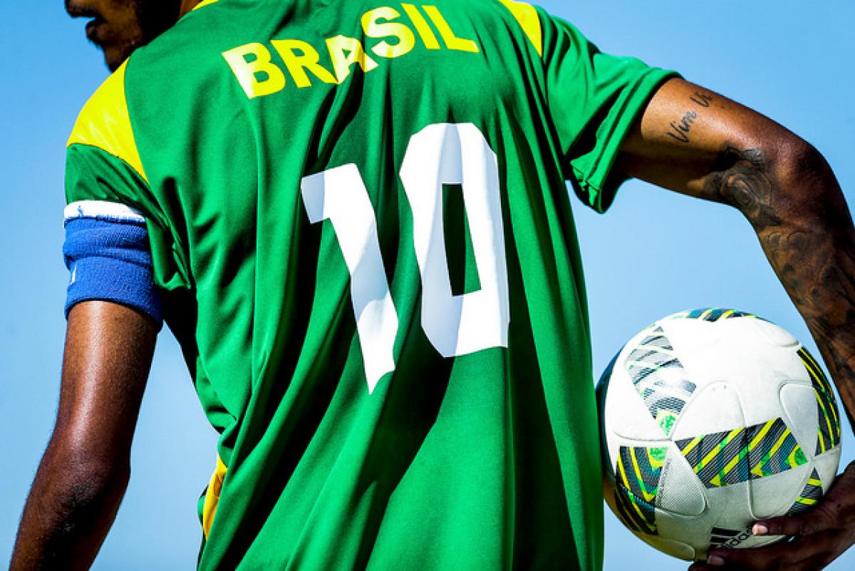 A Brazilian football 7 player ready for action a Sao Paulo 2017.