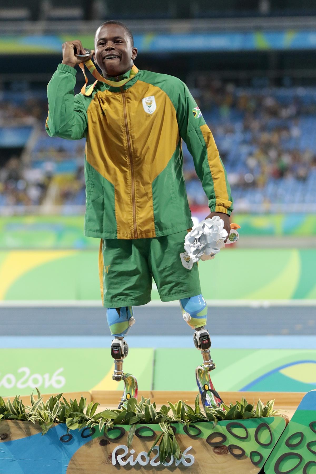 South Africa's Ntando Mahlangu celebrates winning 200m T42 silver at the Rio 2016 Paralympic Games.