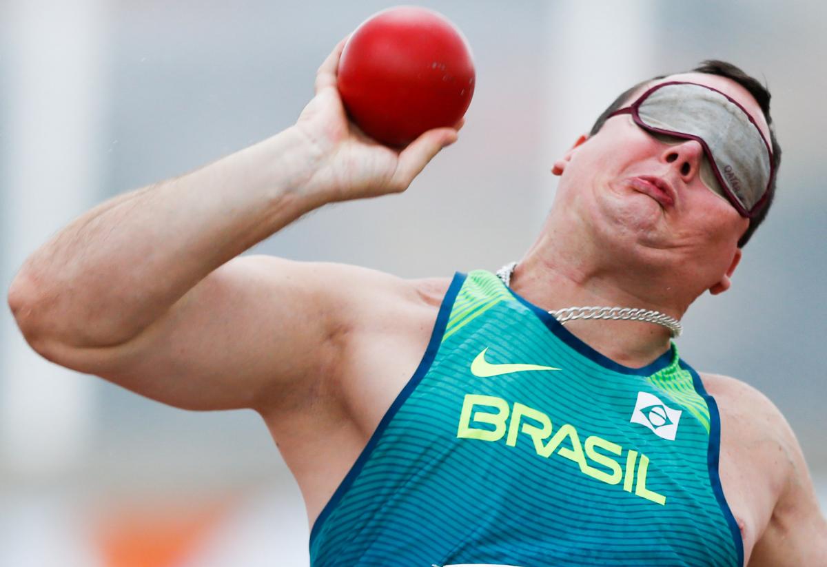 Alessandro Rodrigo da Silva of Brazil competes at men's shot put qualifying at the World Para Athletics Grand Prix in Sao Paulo, Brazil.