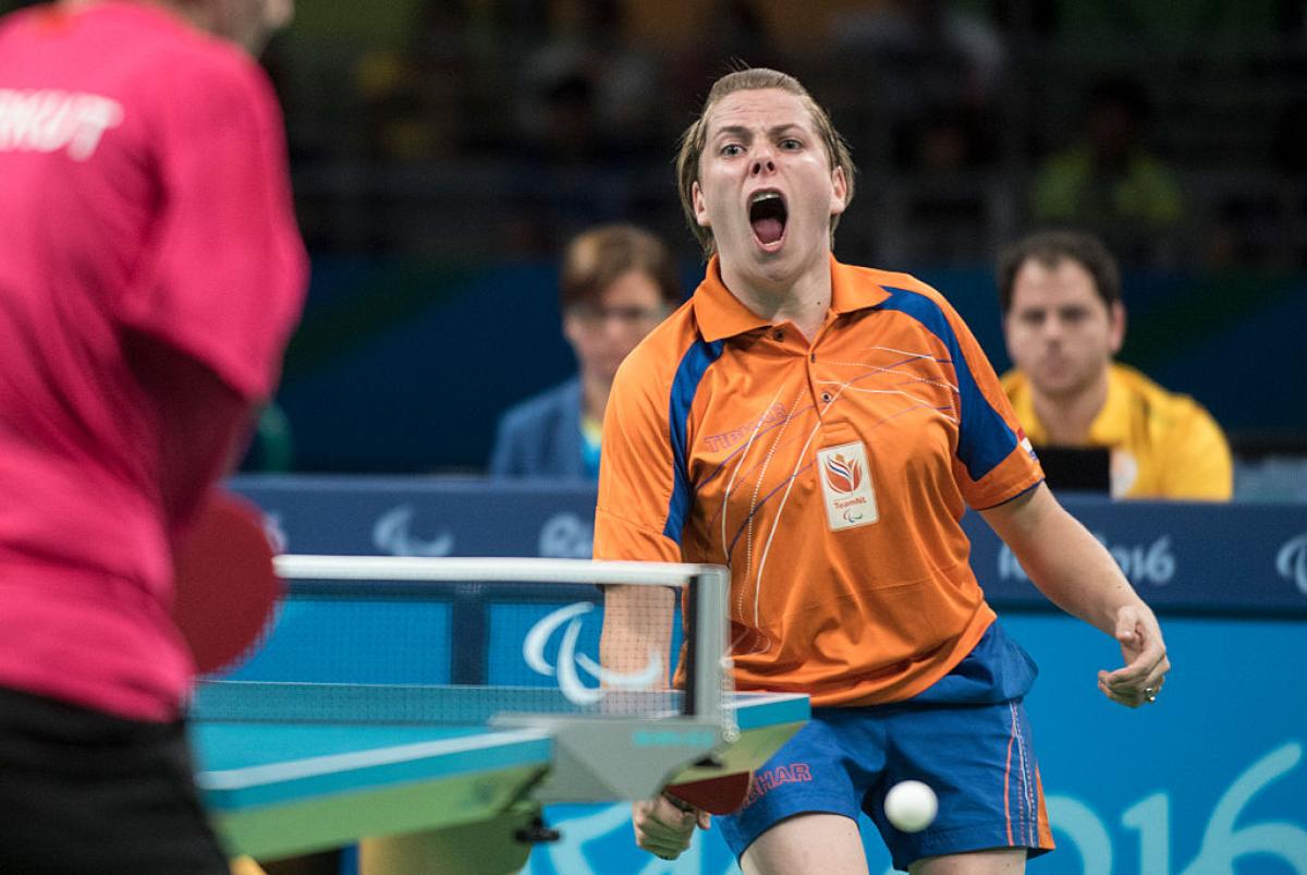 Netherlands' Kelly van Zon - table tennis Female table tennis player celebrates after a point