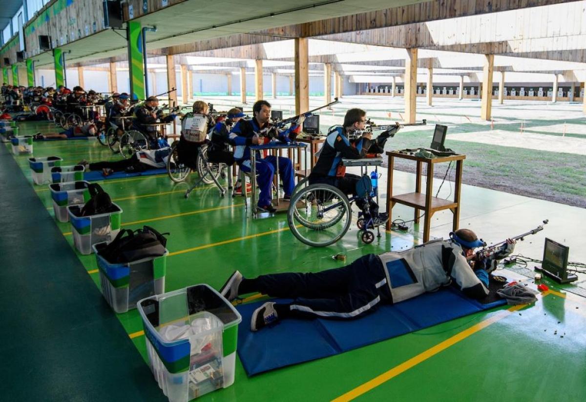 Competitors in the R6 - Mixed 50m Rifle Prone SH1 qualifying competition at the Rio 2016 Paralympic Games