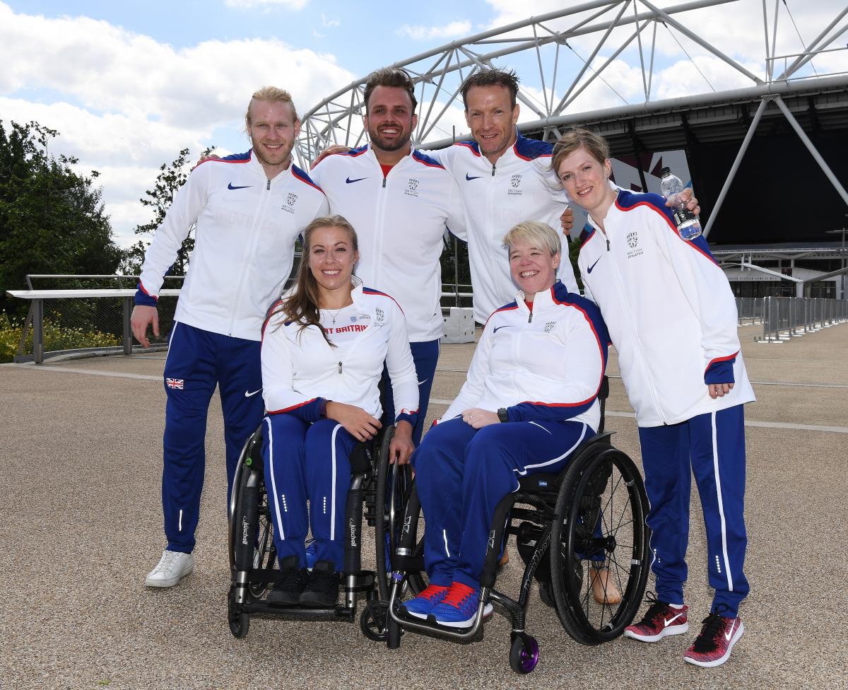 Jonnie Peacock Hannah Cockcroft Jonnie Peacock, Hannah Cockroft, Aled Davies, Richard Whitehead, Jo Butterfield and Sopie Hahn pose outside London Olympic Stadium.