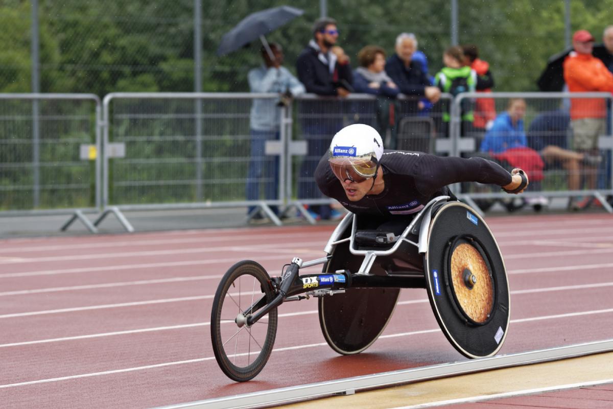 Marcel Hug crosses the finish line at the Nottwil Grand Prix