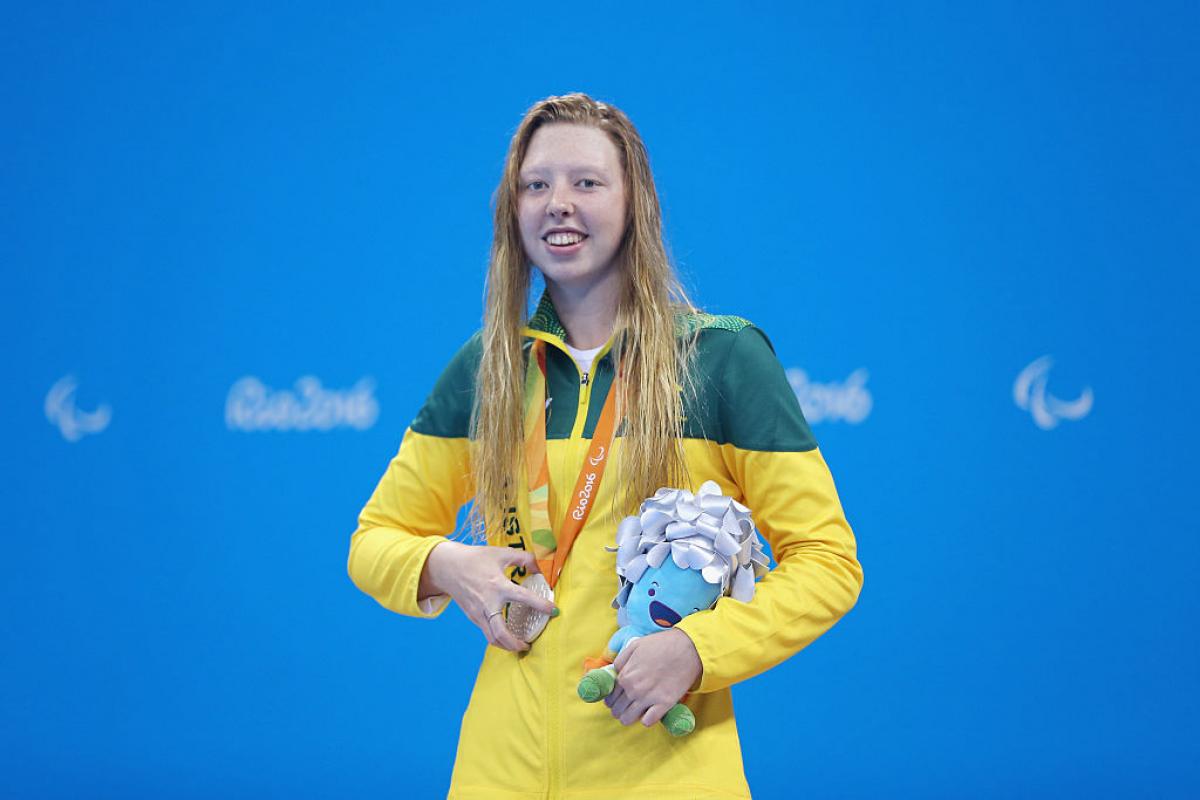 Lakeisha Patterson celebrates on the podium at Rio 2016. 